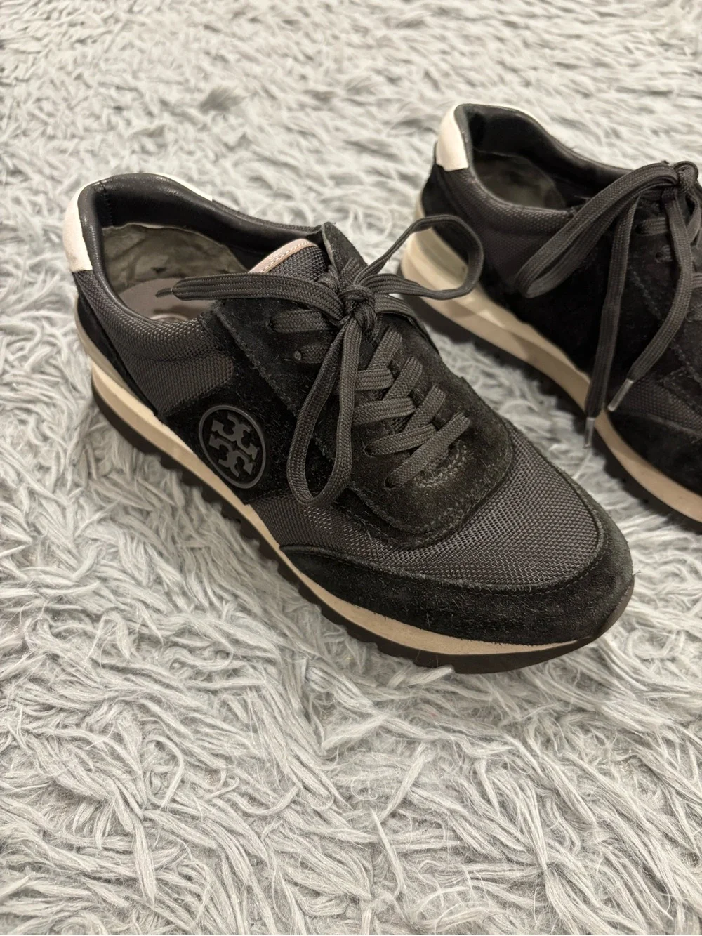 Tory Burch Sneakers Women’s 6.5 M Sawtooth Suede Canvas Black Grey Logo Trainers
